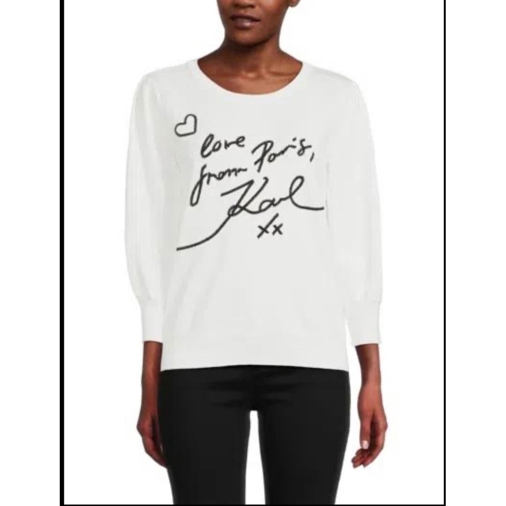 Karl Lagerfeld Paris Womens Cream I Love Paris From Karl Graphic Sweater L